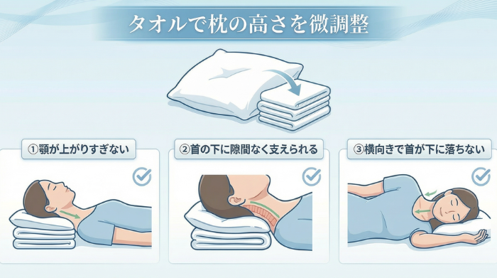 タオルで枕の調整を